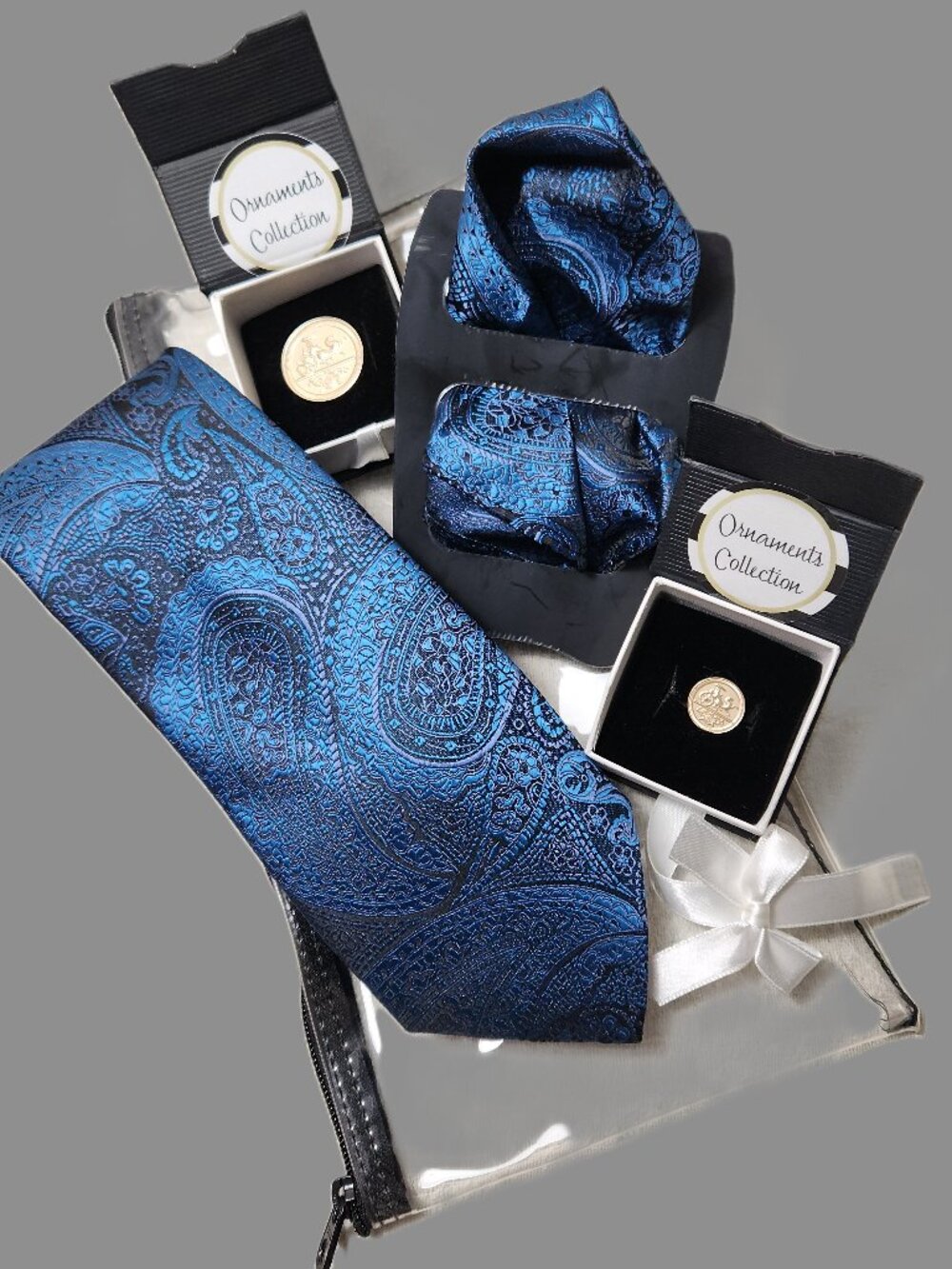 Dark BLUE PAISLEY Necktie Pocket Square Magnetic LAPEL PIN & Tie Tack SET